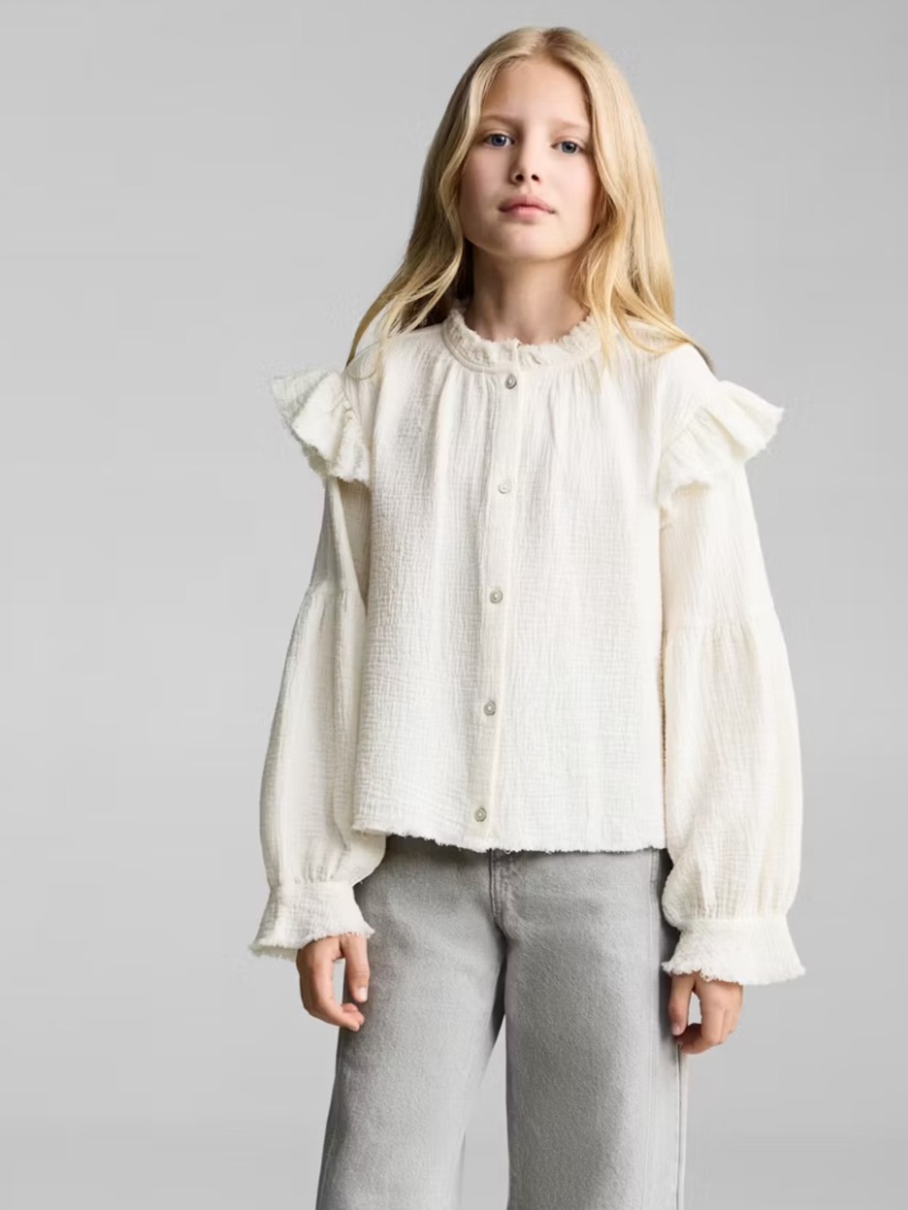Mango Kids Romantic Cheesecloth Blouse Ecru Girls Size 6 Ruffles Frayed